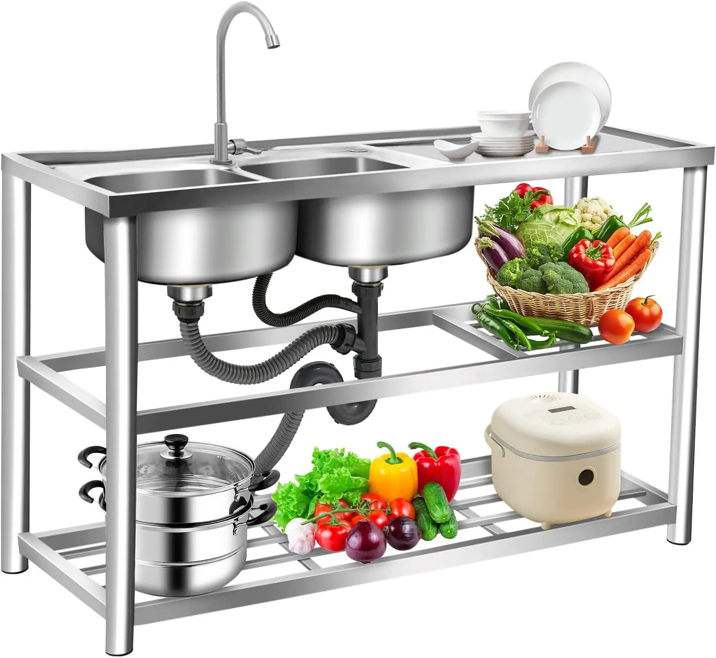 Commercial Kitchen Sink - 3 Tiers Freestanding Stainless Steel Sink,