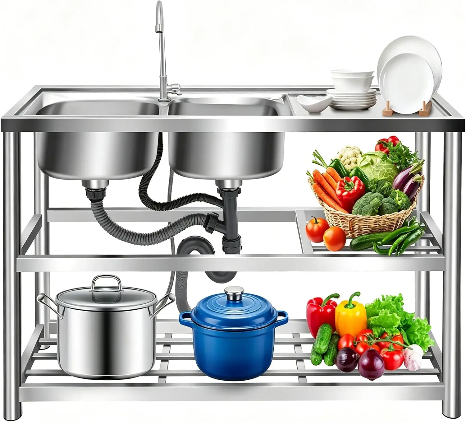 Commercial Kitchen Worktops - Kitchen Freestanding Prep Sink, 2 Compartment